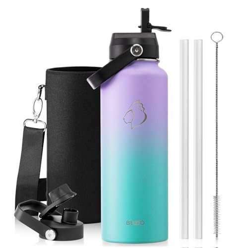 BUZIO 40oz Insulated Water Bottle, Stainless Steel Double Wall Water Flask (Cold for 48 Hrs) Leak Proof Sports Bottles Jug with Straw Lid Flex Cap Metal Canteen for Gym Travel Camping,Purple Green - Image 1