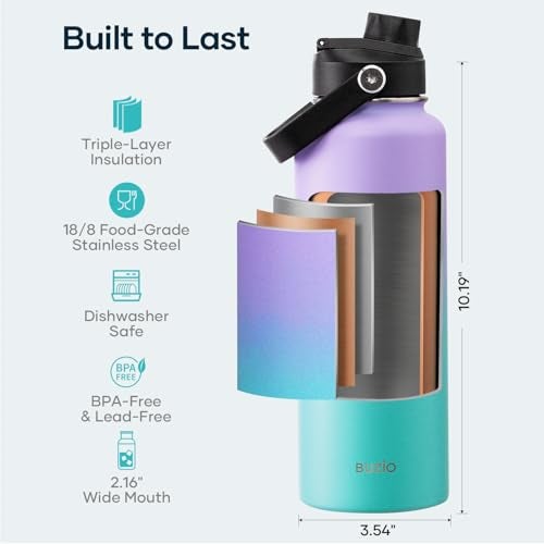 BUZIO 40oz Insulated Water Bottle, Stainless Steel Double Wall Water Flask (Cold for 48 Hrs) Leak Proof Sports Bottles Jug with Straw Lid Flex Cap Metal Canteen for Gym Travel Camping,Purple Green - Image 4