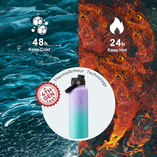 BUZIO 40oz Insulated Water Bottle, Stainless Steel Double Wall Water Flask (Cold for 48 Hrs) Leak Proof Sports Bottles Jug with Straw Lid Flex Cap Metal Canteen for Gym Travel Camping,Purple Green - Image 2