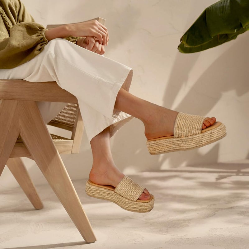 EQAUDES Platform Wedge Espadrille Sandals for Women Summer Beach Outdoor Straw Raffia Sandal Comfortable Brown Vacation Sandals for Women - Image 2