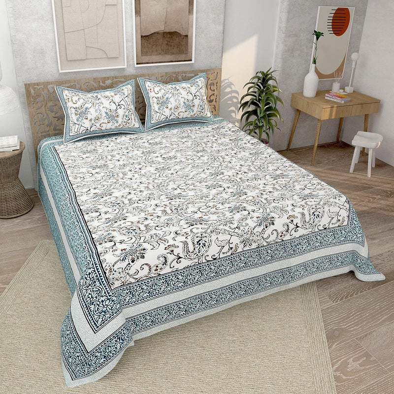 EasyGoods 240 TC Pure Cotton Bedsheet for Double Bed King Queen Size Bed Jaipur Rajasthani Design with 2 Pillow Covers Extra Soft Wrinkle Free 90 x 103 inches Sea Green Monarch06 - Image 1