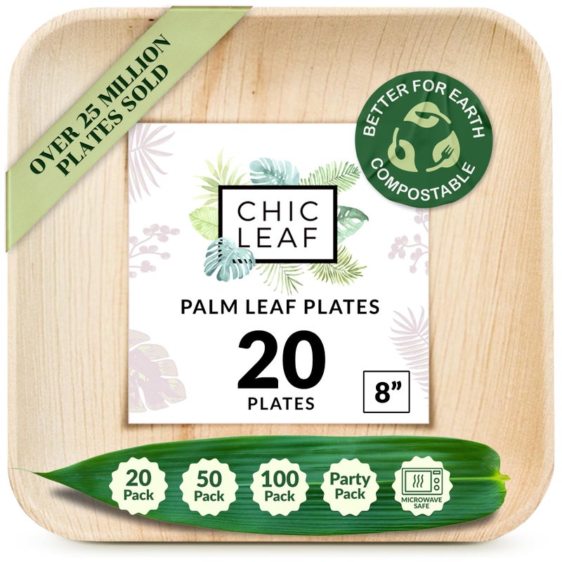 Chic Leaf Palm Leaf Disposable Bamboo Plates  Square Party Plates for Weddings Parties Event Appetizers  Biodegradable  Compostable  Party Supplies 8 20 Pack