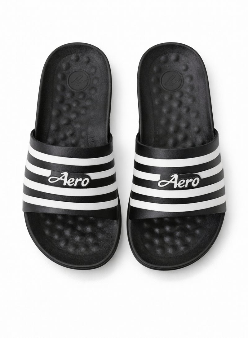 إيرو شباشب رجالية مريحة (سلايدز) – خفيفة الوزن ومضادة للانزلاق – للاستخدام اليومي والحمام – باللون الأسود مع خطوط بيضاء - Image 3