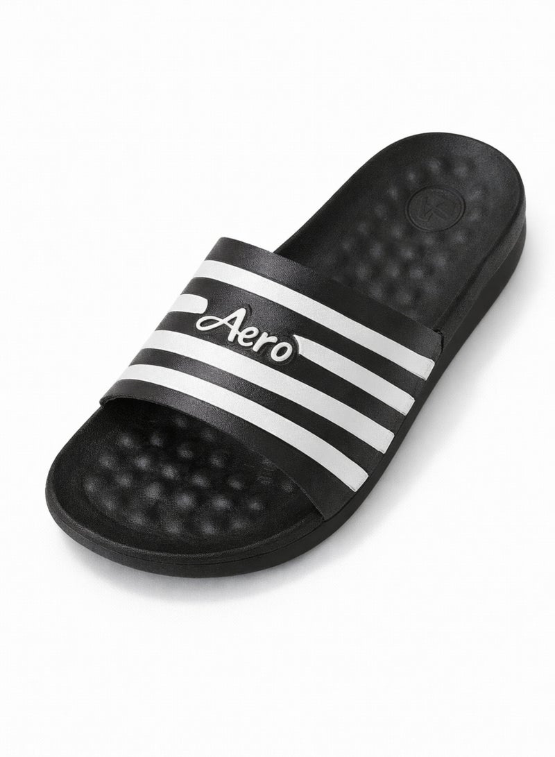 إيرو شباشب رجالية مريحة (سلايدز) – خفيفة الوزن ومضادة للانزلاق – للاستخدام اليومي والحمام – باللون الأسود مع خطوط بيضاء - Image 2