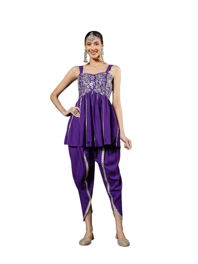 Stylum Women's Solid & Embroidered Rayon A-Line Kurti Dhoti Pant Set - Image 1