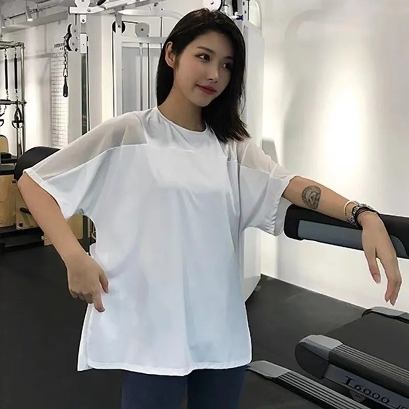 Generic Yoga short-sleeved quick-drying T-shirt spring and summer thin running workout clothes plus size sports top womens loose chubby girl blouse 887# white short-sleeved top 