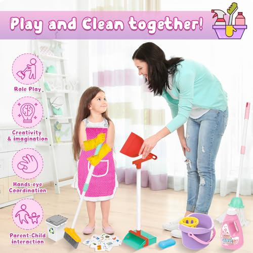 deAO Kids Cleaning Set 17 PcsToy Cleaning Set Includes BroomMopBrushDust PanDusterSpongeClothesSpray Bucket Caution SignPretend Housekeeping Play Set - Image 5