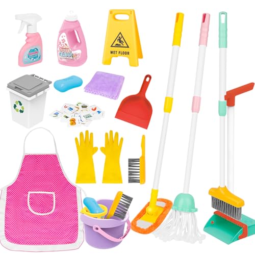 deAO Kids Cleaning Set 17 PcsToy Cleaning Set Includes BroomMopBrushDust PanDusterSpongeClothesSpray Bucket Caution SignPretend Housekeeping Play Set - Image 1