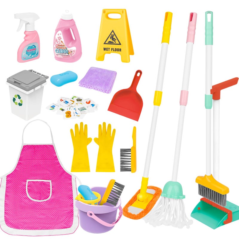 deAO Kids Cleaning Set 17 PcsToy Cleaning Set Includes BroomMopBrushDust PanDusterSpongeClothesSpray Bucket Caution SignPretend Housekeeping Play Set - Image 3