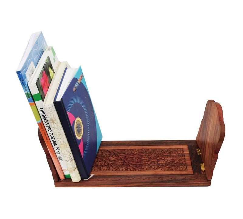 CRAFTCASTLE Classic Carving Sheesham Wood Book Shelf for Home Decor and Office Magazine Sliding Holder (Brown, Standard) - Image 1