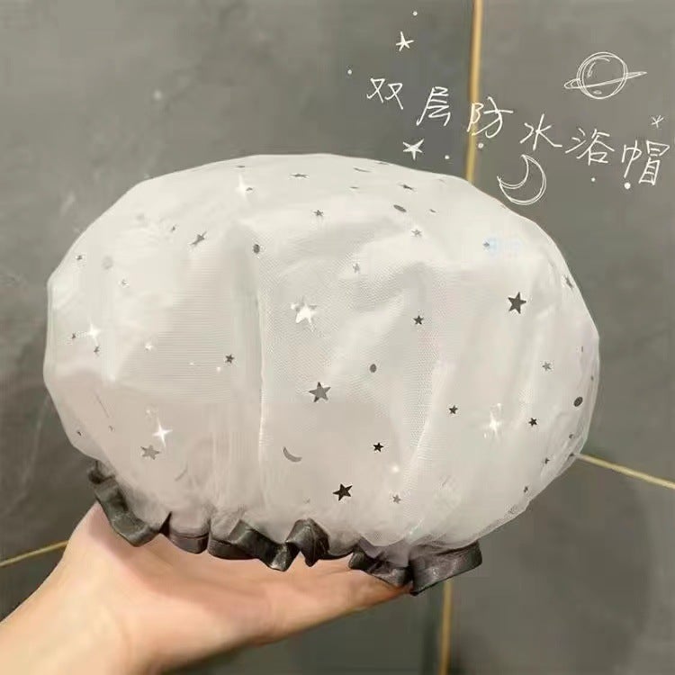 Shower Cap Womens Waterproof Bathing Household Special Makeup Kitchen Fume Dust-proof Headgear Adult Thickened Headgear Starry gray 