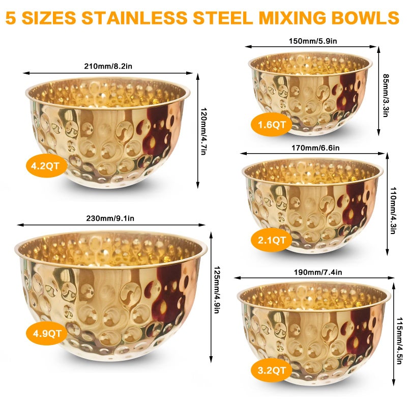 YEJZXY Stainless Steel Mixing Bowls Set, 5PCS Gold Hammered Bowls, 4.9/4.2/3.2/2.1/1.6QT Mixing Bowls for Kitchen, Nesting Design Serving Bowls - Image 2