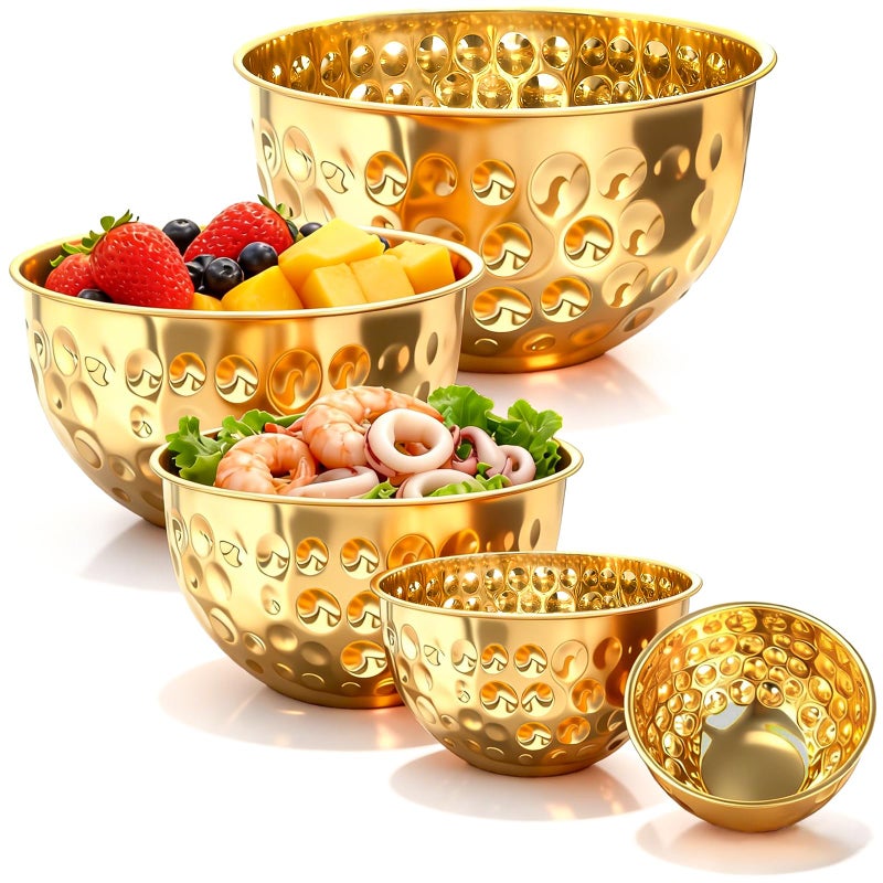 YEJZXY Stainless Steel Mixing Bowls Set, 5PCS Gold Hammered Bowls, 4.9/4.2/3.2/2.1/1.6QT Mixing Bowls for Kitchen, Nesting Design Serving Bowls - Image 1