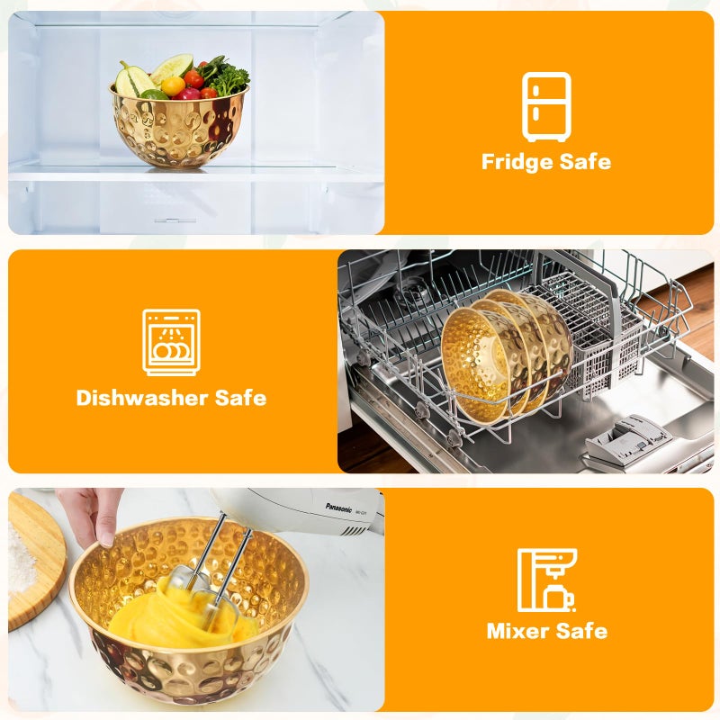 YEJZXY Stainless Steel Mixing Bowls Set, 5PCS Gold Hammered Bowls, 4.9/4.2/3.2/2.1/1.6QT Mixing Bowls for Kitchen, Nesting Design Serving Bowls - Image 5