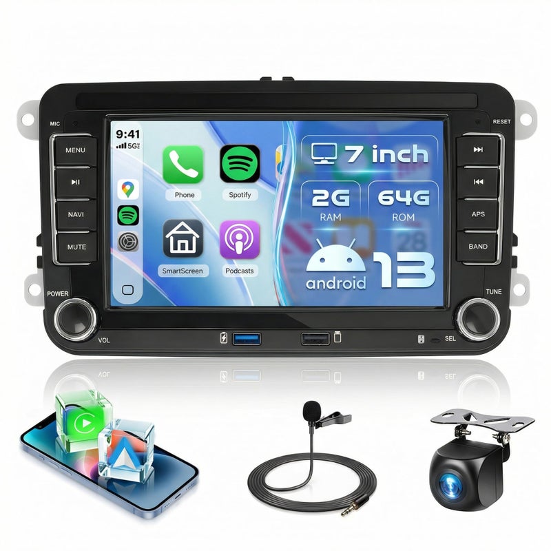 Podofo 2G64G for VW Passat Jetta Tiguan Golf MK5 MK6 T5 Polo Car Radio Stereo Android 13 with Wireless CarplayAndroid Auto 7 Inch Touch Screen Two USB GPSFMRDSSWCBluetooth HD Backup Camera - Image 2