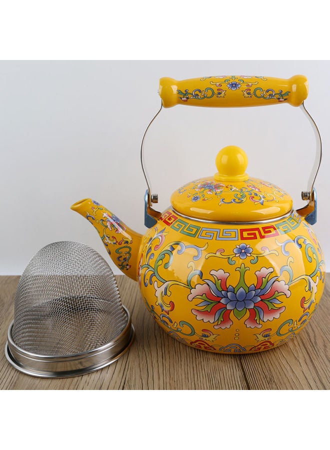 Thickened Large Capacity Enamel Flower Enamel Kettle Milk Teapot Flat Bottom Pot Induction Cooker Universal Teapot Cooling Kettle HC-Color:2.5 Liters Of Yellow Hook Lotus (with Filter)-Capacity:Default  - Image 1