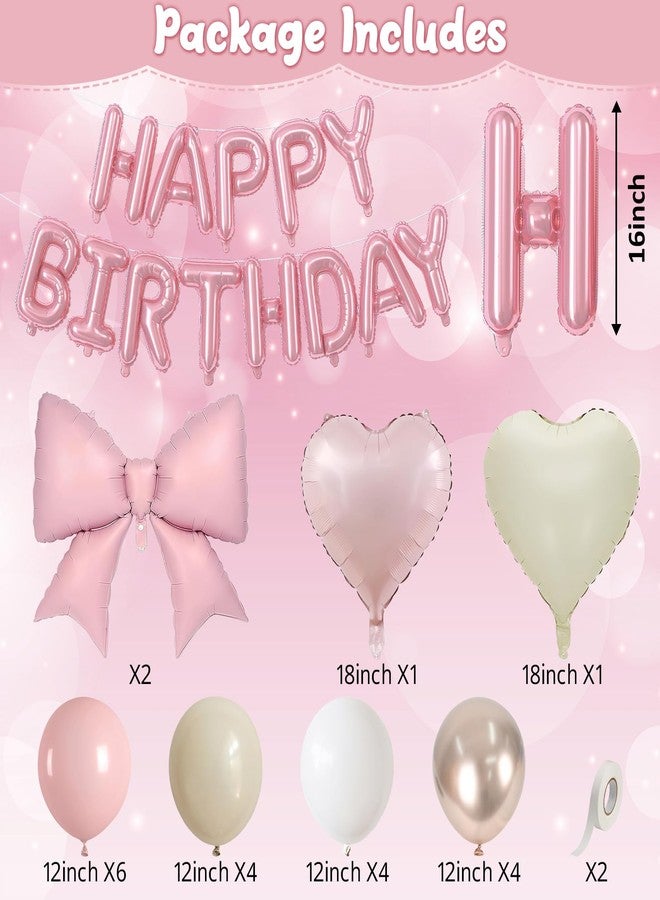 Froova Boho Dusty Pink Bow Birthday Decorations for Women Girls, Blush Champagne Gold Sand White Cream Balloons Happy Birthday Banner Pink Coquette Foil Balloons Heart Balloon for Bday Party Supplies - Image 2