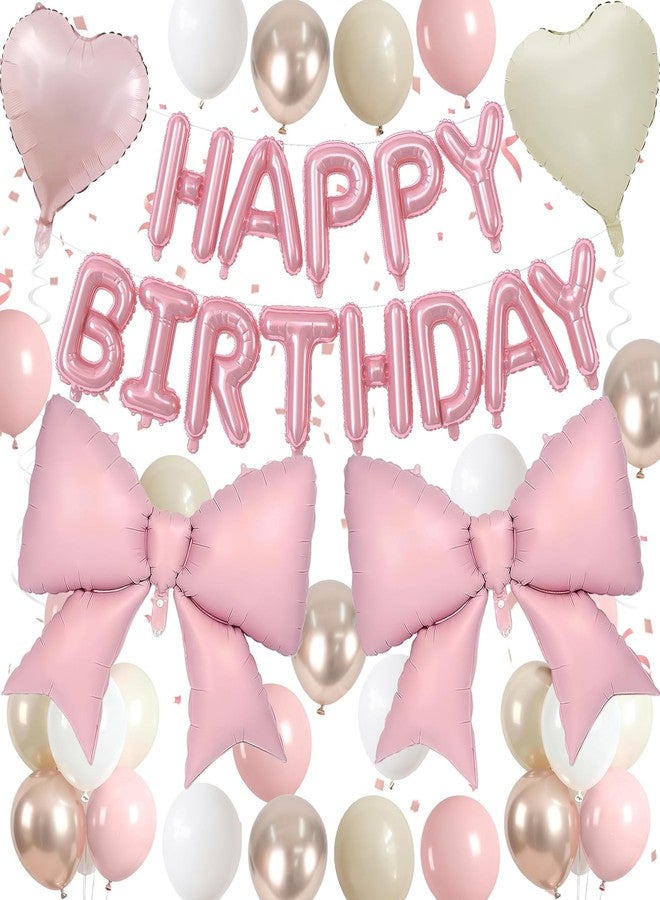 Froova Boho Dusty Pink Bow Birthday Decorations for Women Girls, Blush Champagne Gold Sand White Cream Balloons Happy Birthday Banner Pink Coquette Foil Balloons Heart Balloon for Bday Party Supplies - Image 1