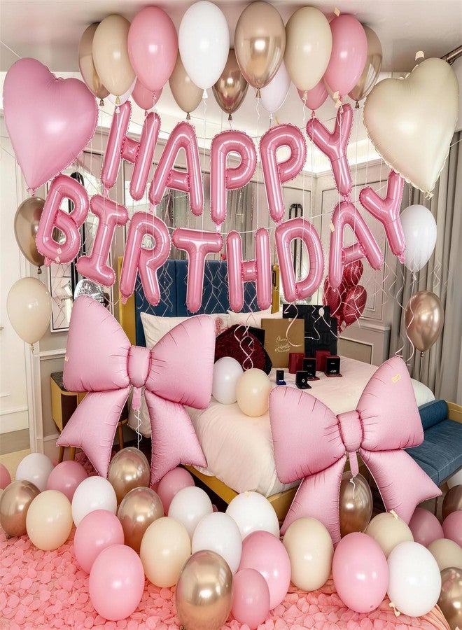 Froova Boho Dusty Pink Bow Birthday Decorations for Women Girls, Blush Champagne Gold Sand White Cream Balloons Happy Birthday Banner Pink Coquette Foil Balloons Heart Balloon for Bday Party Supplies - Image 5