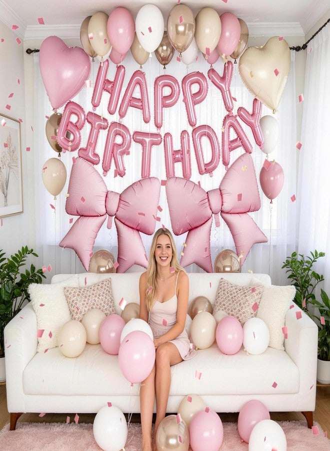 Froova Boho Dusty Pink Bow Birthday Decorations for Women Girls, Blush Champagne Gold Sand White Cream Balloons Happy Birthday Banner Pink Coquette Foil Balloons Heart Balloon for Bday Party Supplies - Image 3