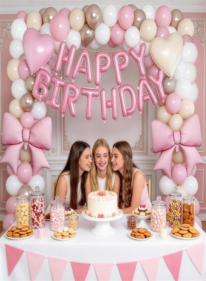 Froova Boho Dusty Pink Bow Birthday Decorations for Women Girls, Blush Champagne Gold Sand White Cream Balloons Happy Birthday Banner Pink Coquette Foil Balloons Heart Balloon for Bday Party Supplies - Image 4
