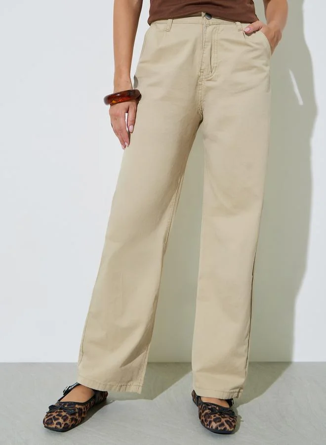 ستايلي Beige Solid Wide Leg Pants with Side Pockets