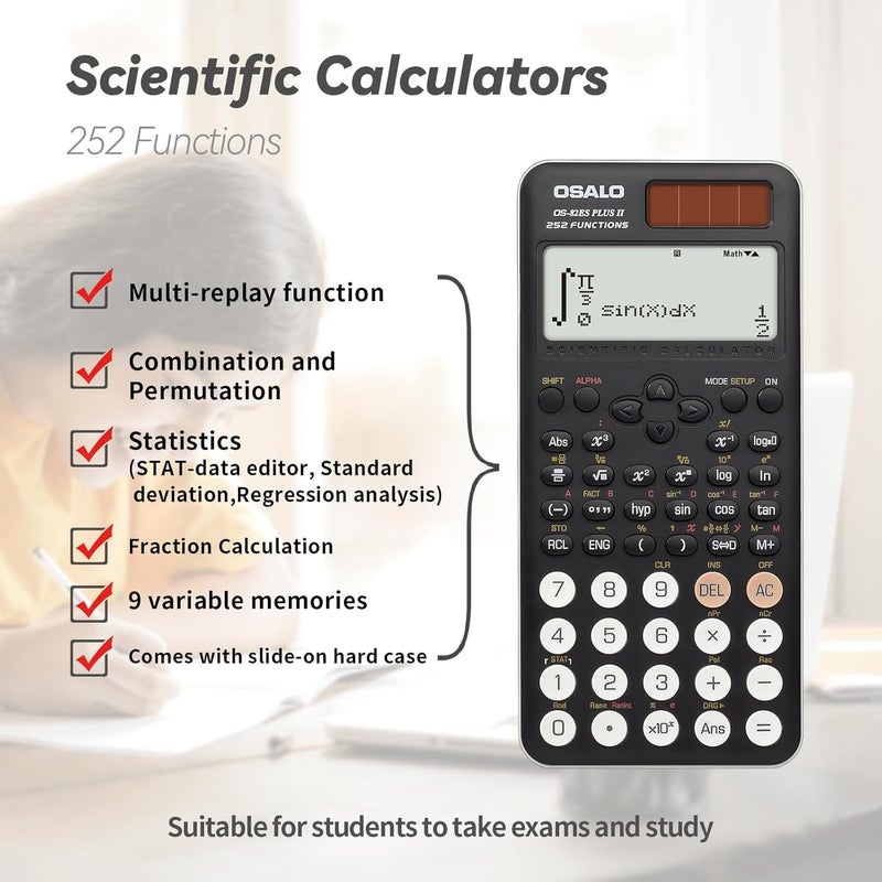 OSALO Scientific Calculator 252 Functions 2-line Display Solar Battery Powered for Secondary School (OS 82ES PLUS II) - Image 3