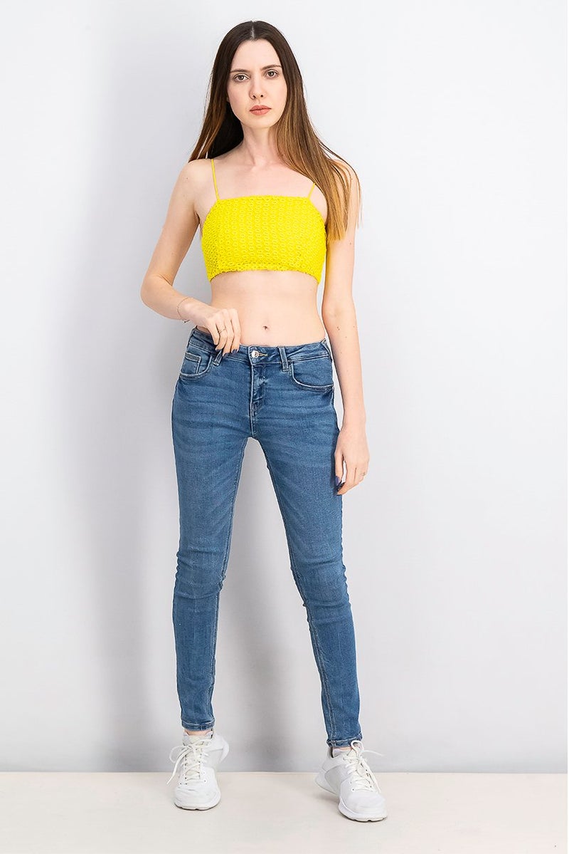 TOPSHOP Women Square Neck Sleeveless Textured Crop Top, Yellow - Image 3