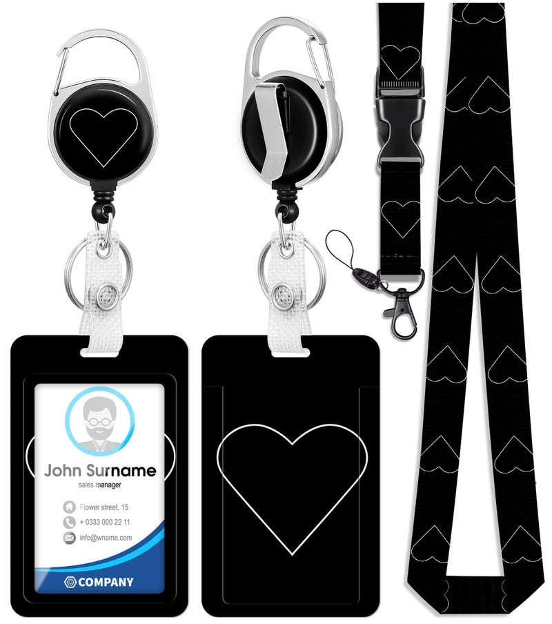 Toykee ID Badge Holder with Lanyard and Retractable Badge Reel Clip, Love Heart Card Name Tag Lanyard Vertical ID Protector Bage Clips for Nurse Nursing Doctor Teacher Student Black - Image 1