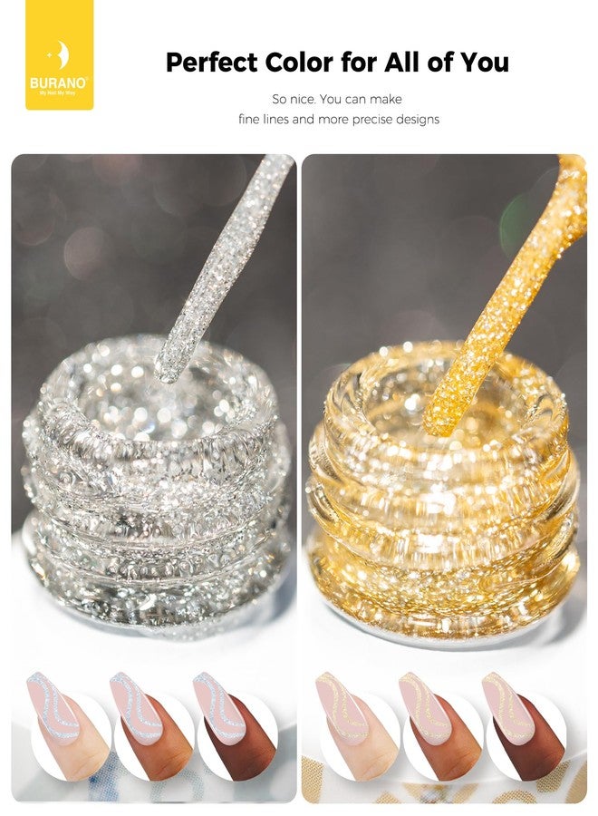 BURANO Holographic Gel Nail Polish Liner Nail Art Polish, Silver Gold Reflective Glitter Painted Gel Nail Design Polish 2 Bottle 8ml, Build in Thin Nail Brush Gel Nail Polish Curing Required LX17 LX13 - Image 5