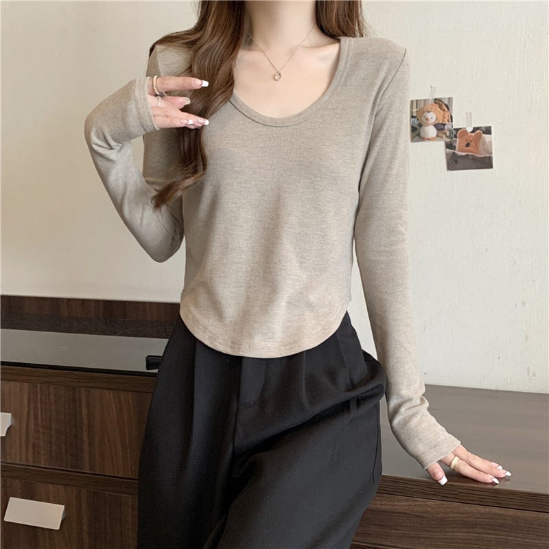 Daily All-Match U-Collar Long-Sleeved T-Shirt Women'S German Velvet Fleece-Lined Thickened Inner Short Warm Base Shirt - Image 5