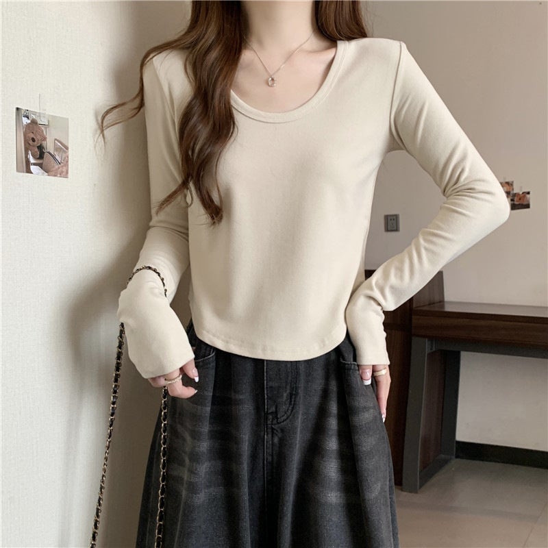 Daily All-Match U-Collar Long-Sleeved T-Shirt Women'S German Velvet Fleece-Lined Thickened Inner Short Warm Base Shirt - Image 4
