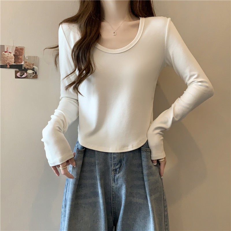 Daily All-Match U-Collar Long-Sleeved T-Shirt Women'S German Velvet Fleece-Lined Thickened Inner Short Warm Base Shirt - Image 1