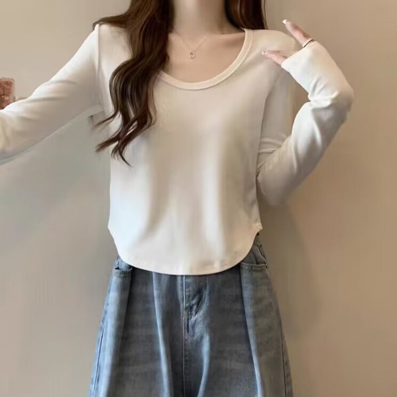 Daily All-Match U-Collar Long-Sleeved T-Shirt Women'S German Velvet Fleece-Lined Thickened Inner Short Warm Base Shirt - Image 2