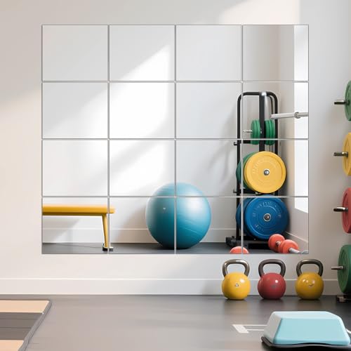 Ruomeng Home Gym Mirrors 14 x 12 x 16Pcs Wall Mounted Mirror Glass Frameless Full Length Mirror Tiles for Home Gym Bedroom Door Bathroom