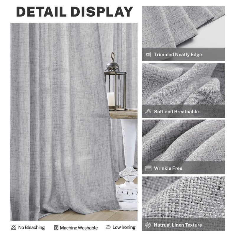 MEETBILY Grey Curtains 96 Inches Long for Living Room 2 Panels Set Back Tab Modern Farmhouse Boho Linen Light Gray Curtain Panels Light Filtering Sheer Window Drapes for Sliding Glass Door - Image 4