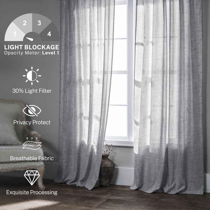 MEETBILY Grey Curtains 96 Inches Long for Living Room 2 Panels Set Back Tab Modern Farmhouse Boho Linen Light Gray Curtain Panels Light Filtering Sheer Window Drapes for Sliding Glass Door - Image 2
