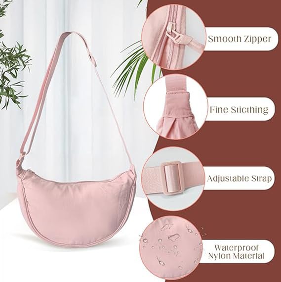 Lyrovo Travel Small Nylon Sling Half Moon Crescent Crossbody Purses Bag for Women Men Trendy (Pink) - Image 3