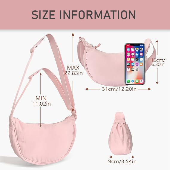 Lyrovo Travel Small Nylon Sling Half Moon Crescent Crossbody Purses Bag for Women Men Trendy (Pink) - Image 4