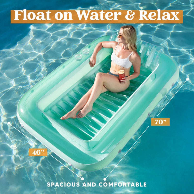 SLOOSH Inflatable Tanning Pool Lounger Float, 70" x 46" Pool Floats Adult with Pillow, 4 in 1 Suntan Tub Raft Floatie,Sunbathing Bed Lounge for Water Blow Up Kids Ball Pit Party Gifts, L-Cyan - Image 2