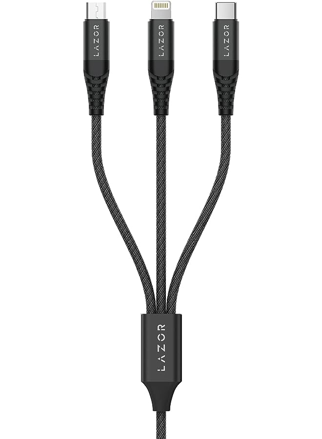 LAZOR Titan 3 In 1 Fast Charging Cable With Durable Nylon Braided Wire C58 Black- 1M - Image 1