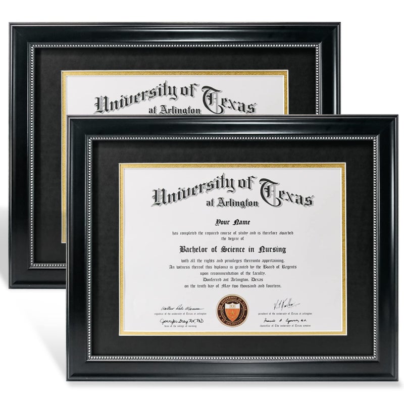 GraduationMall GraduationMall 85x11 Diploma Frame with Black over Gold Mat or Display 11x14 Document without Mat UV Protection Acrylic Black with Silver Beads Set of 2 