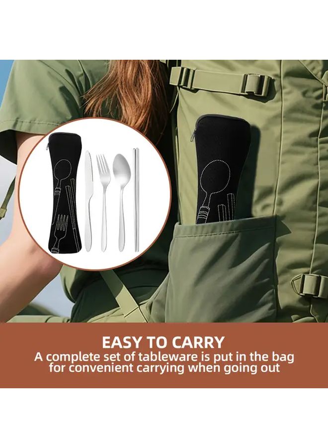 Green Portable Stainless Steel Cutlery Set 5 Piece With Travel Bag For Camping Office School - Image 5