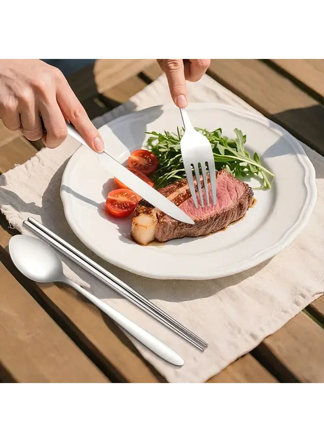 Green Portable Stainless Steel Cutlery Set 5 Piece With Travel Bag For Camping Office School - Image 2