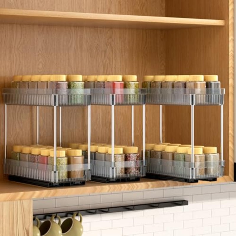 Pull Out Spice Rack Organizer for Cabinet, 2 Tier Slide Out Spice Racks Organizer, Spice Cabinet Organizers, Cabinet Size Need:12'' High x 11'' Deep x 5'' Wide, Acrylic - Image 1