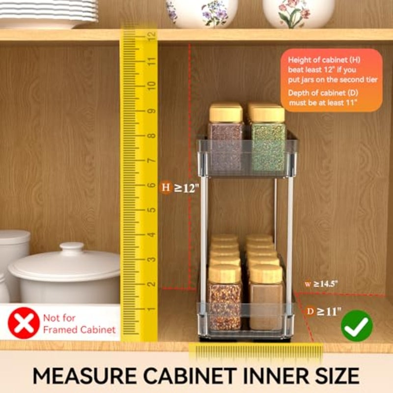 Pull Out Spice Rack Organizer for Cabinet, 2 Tier Slide Out Spice Racks Organizer, Spice Cabinet Organizers, Cabinet Size Need:12'' High x 11'' Deep x 5'' Wide, Acrylic - Image 5