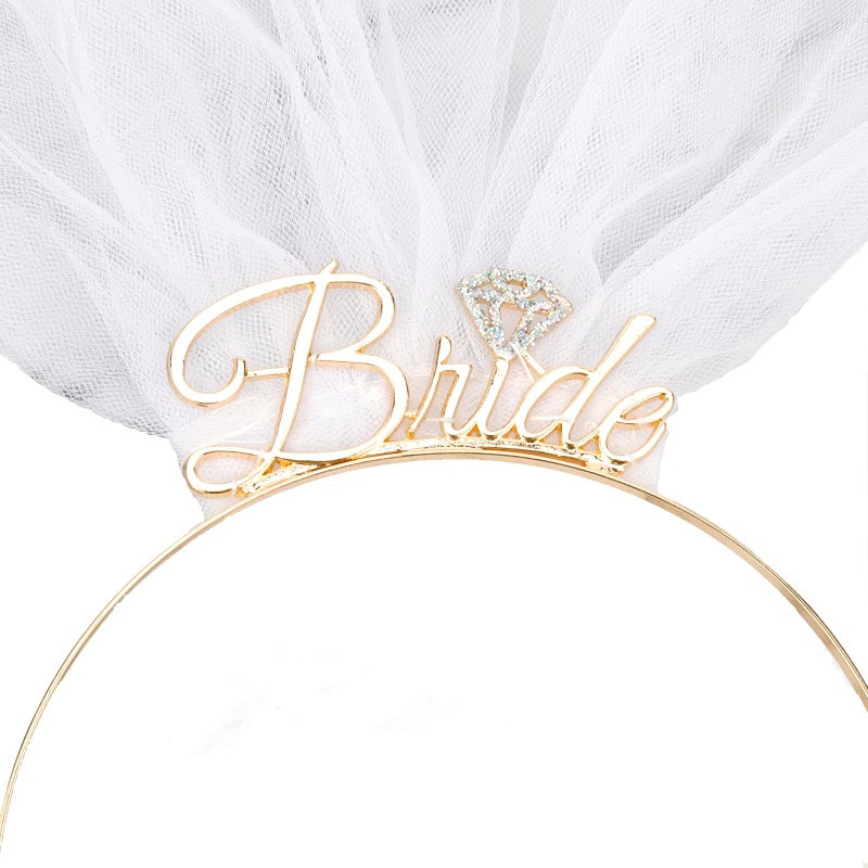 BAHABY Bride Headband with Veil, Gold, 1 Count (Pack of 1), Hairband for Engagement Party, Bridal Shower, Bachelorette Parties, Bridal - Image 1