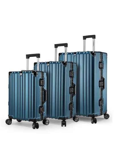 CABINPRO Lightweight Aluminum Frame Fashion Trolley Luggage Set of 3 Polycarbonate Hard Case Suitcase with 4 Quite 360° Double Spinner Wheels CP001 Dark Blue