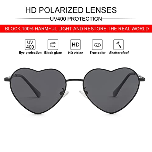 JOVAKIT Polarized Heart Sunglasses for Women Fashion Lovely Style Metal Frame UV400 Protection Lens (Black/Grey) - Image 2