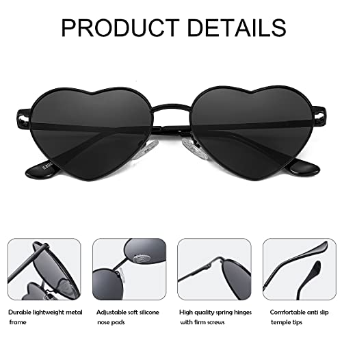 JOVAKIT Polarized Heart Sunglasses for Women Fashion Lovely Style Metal Frame UV400 Protection Lens (Black/Grey) - Image 4